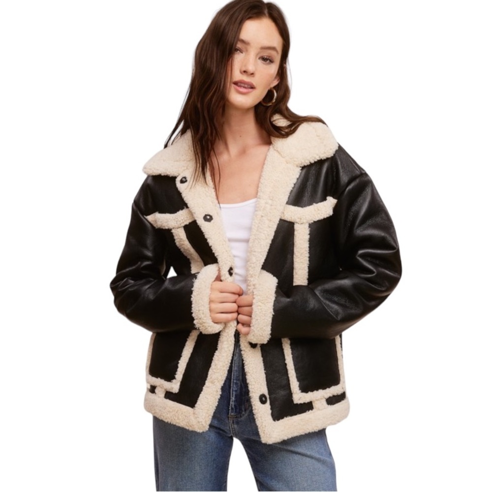 122. Black Vegan Leather Shearling Jacket NWT